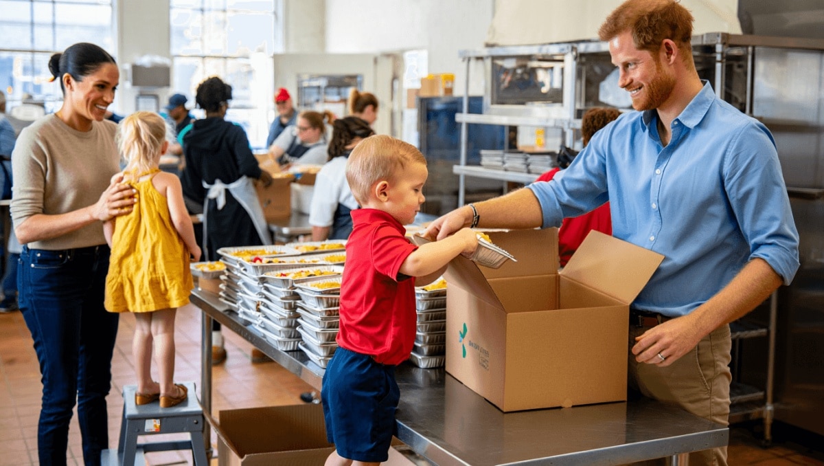 Prince Harry and Meghan, Duke and Duchess of Sussex, alongside the Archewell team, joined Our Big Kitchen Los Angeles (OBKLA) to prepare and package meals for community members experiencing food insecurity.