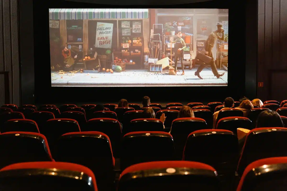 Sc&egrave;ne de cin&eacute;ma montrant deux personnages regardant ensemble un moment m&eacute;morable &agrave; l'&eacute;cran