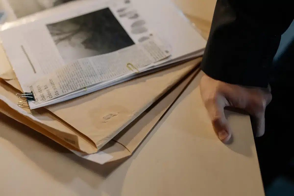 Journaliste travaillant sur une enquête approfondie avec documents et ordinateur sur un bureau