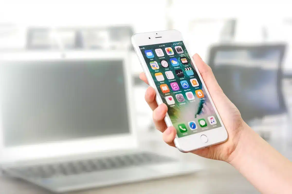 Smartphone on a sunlit desk showing a news app list, hand tapping a publisher profile