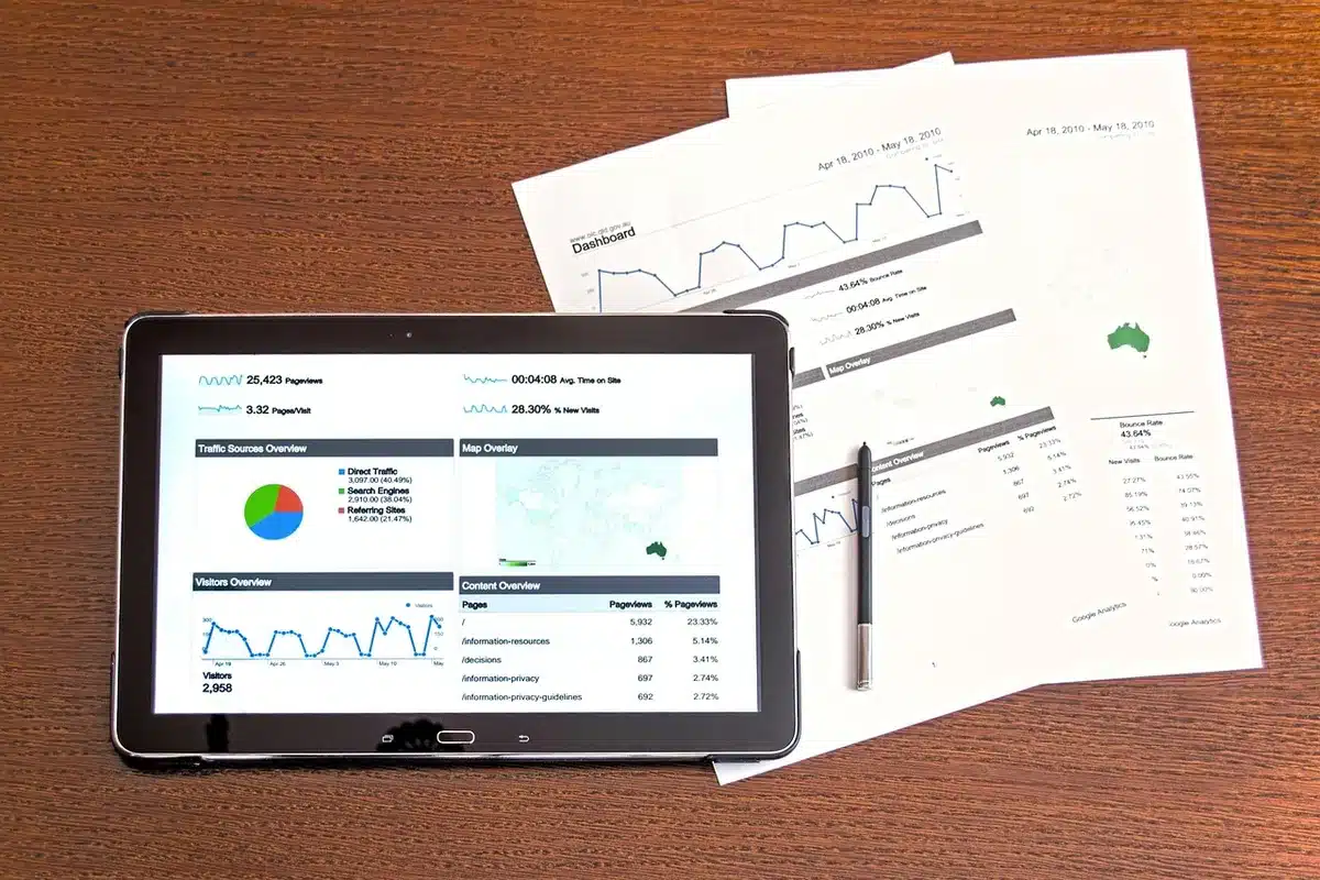 Laptop screen showing webpage layout and ad placement analytics on a bright desk